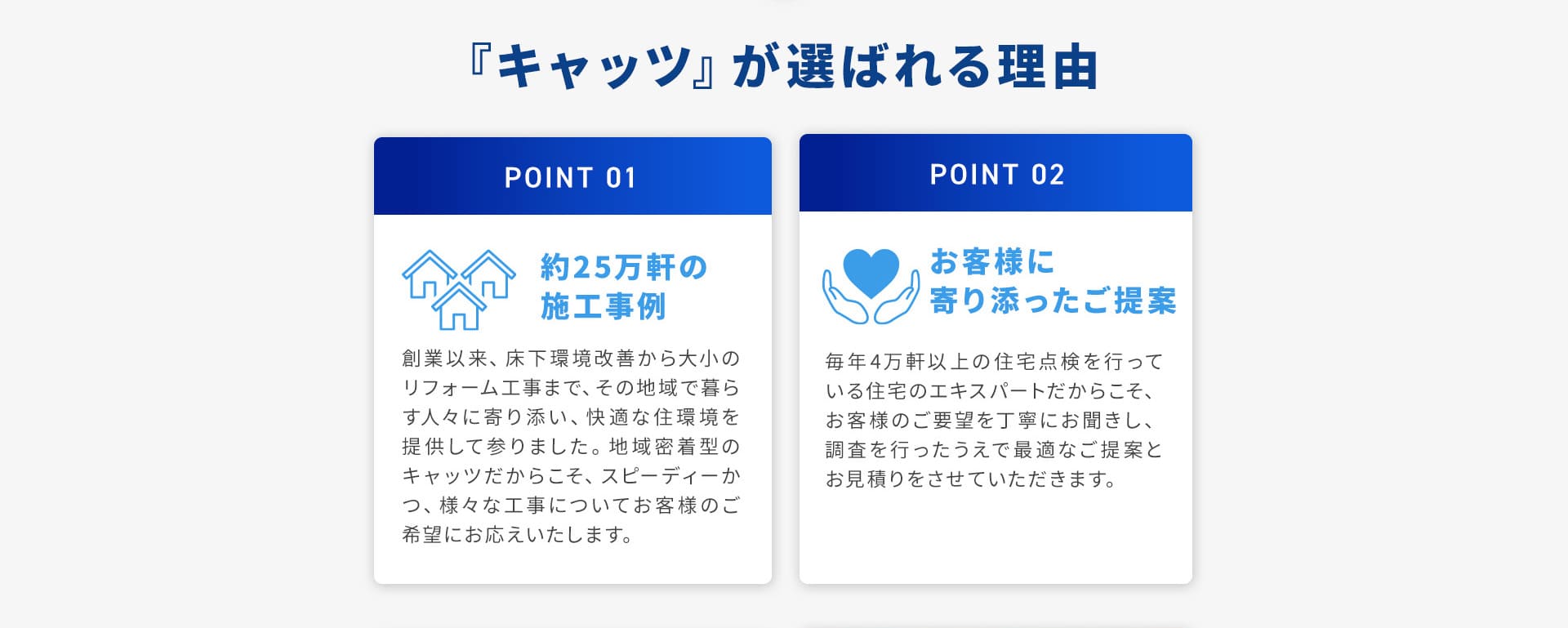 キャッツが選ばれる理由1「25万軒の施工事例」、2「お客様に寄り添ったご提案」