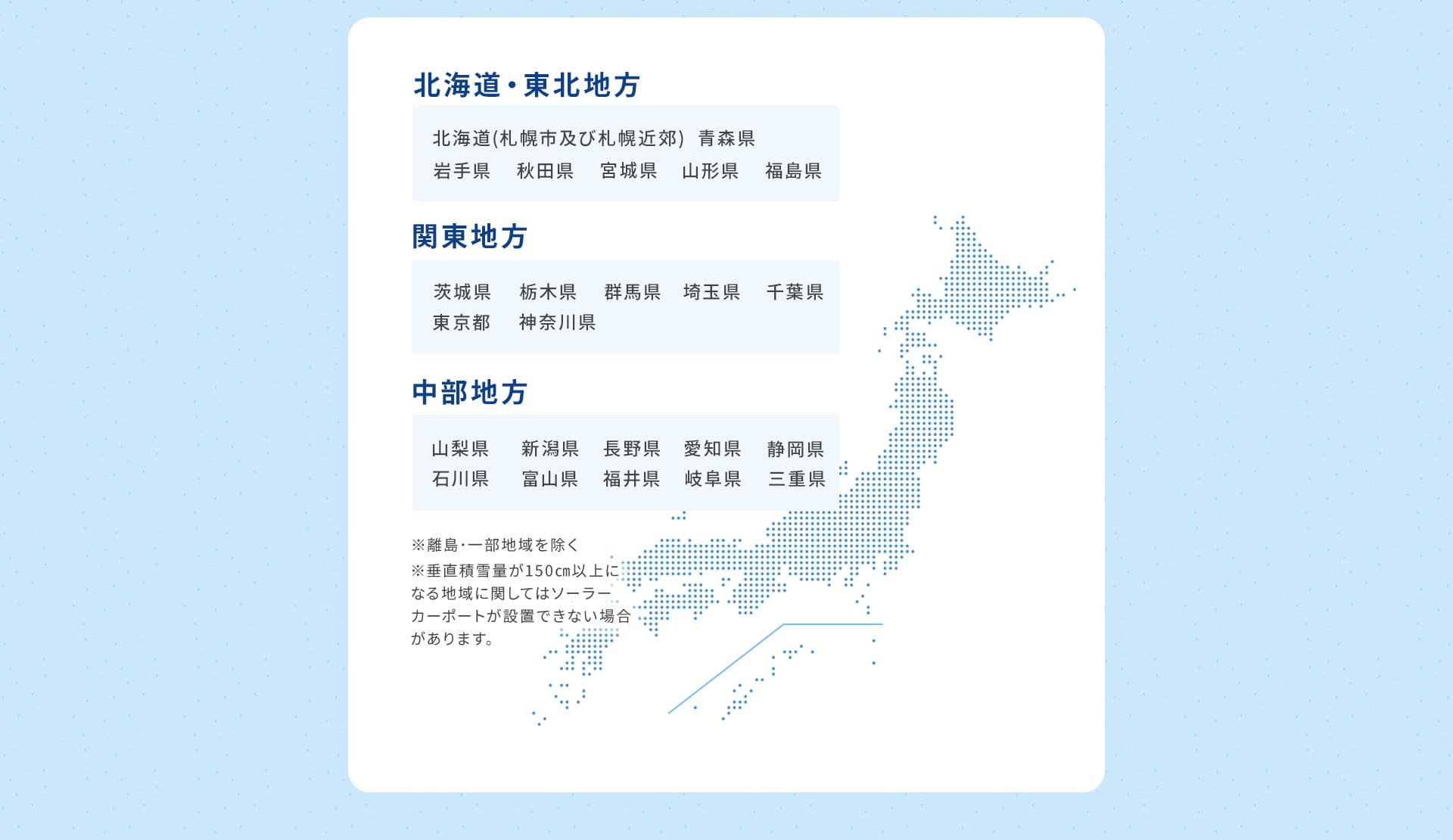 北海道・東北地方・関東地方・中部地方※一部地域にはソーラーカーポートを設置できない可能性があります。