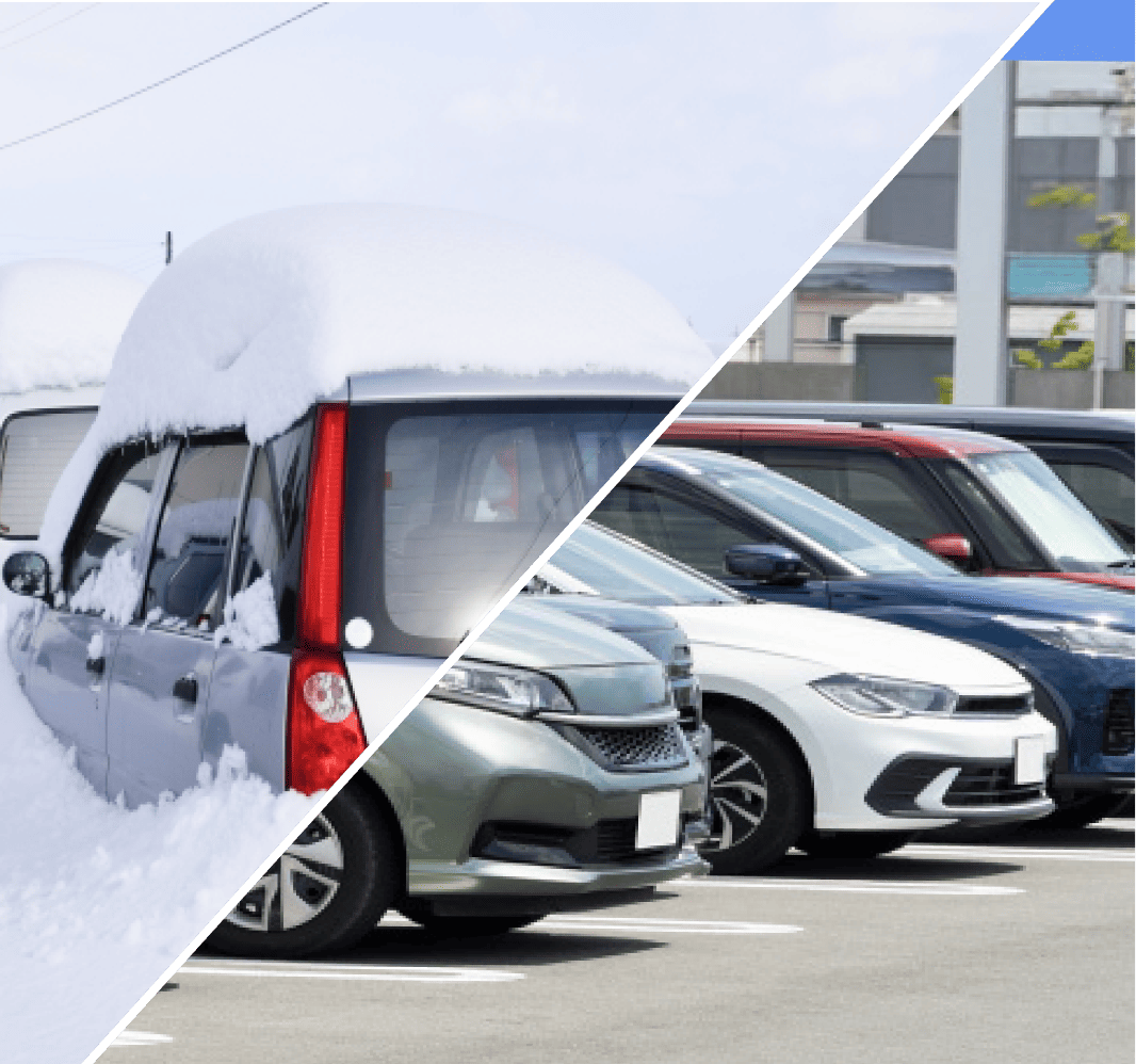 夏の日差しを受ける車と雪が積もる車の写真